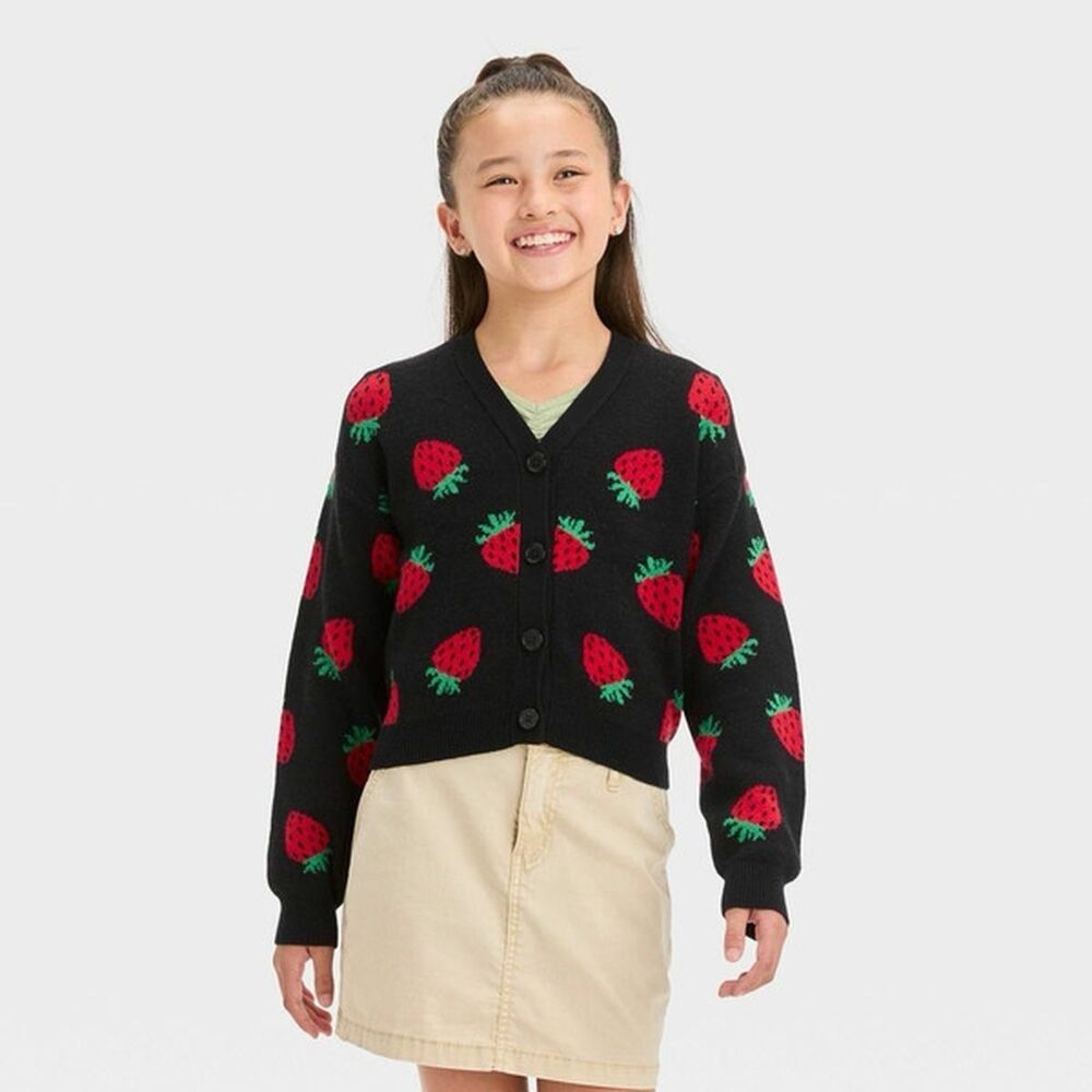 Girls‎ Novelty Cardigan Art Class  XL 14 16 NWT Black Strawberry 🍓 Sweater